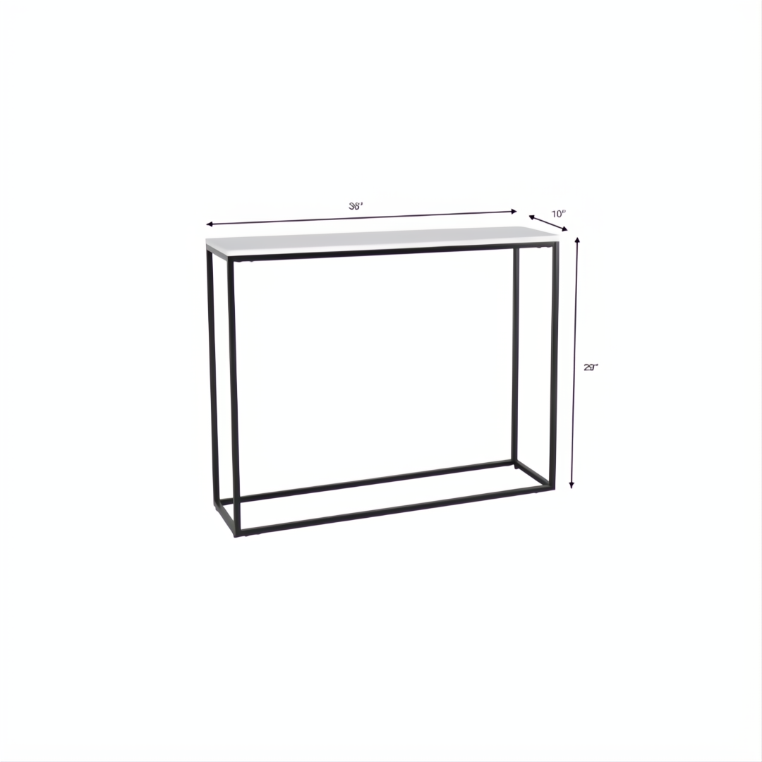 Surya Aryaa Console Table with white natural marble top and black powder-coated iron base, 34"W x 10"D x 29"H.