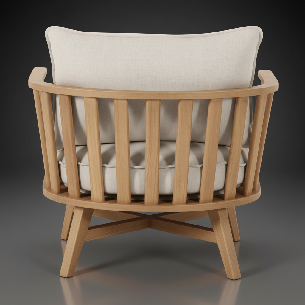 Surya Arco accent chair with light beige linen cushions and a natural wood slatted back.