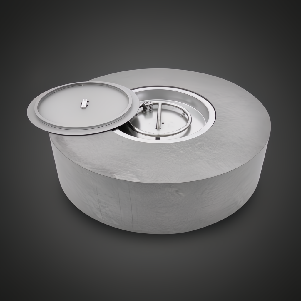 Gray hand-painted aluminum Surya Daniella Fire Table with tray cover partially open, revealing the burner.
