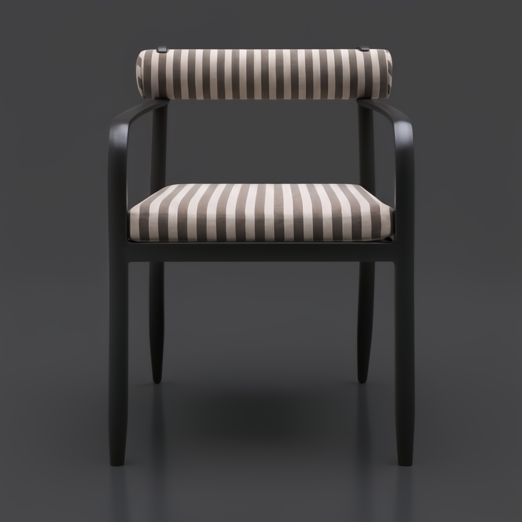 Surya Antibes dining arm chair with multi-color striped Sunbrella upholstery and black aluminum frame.