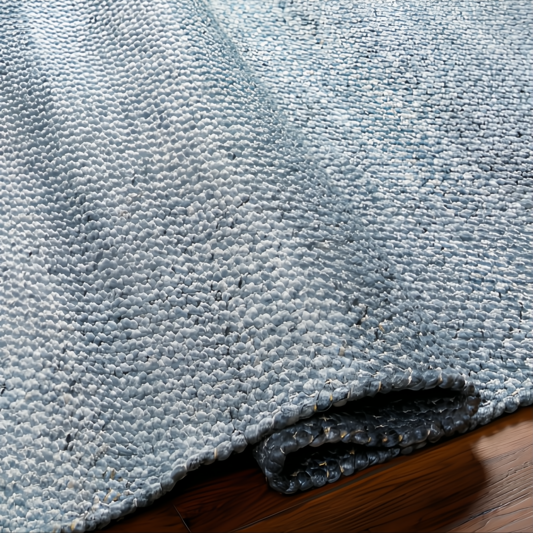 Hand-woven Surya Abby ABB-2302 area rug in light blue recycled PET yarn, partially rolled on a wood floor.