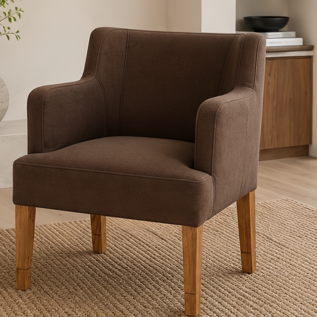 Surya Monay dining chair with chocolate brown upholstery and oak wood legs, featuring a global eclectic style.