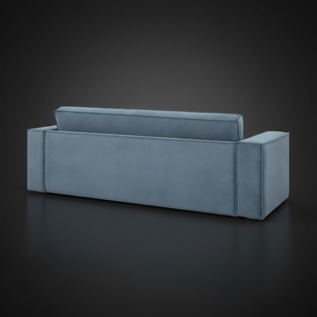 Back view of a contemporary Surya Aira sofa with navy polyester upholstery and a clean, grounded design.