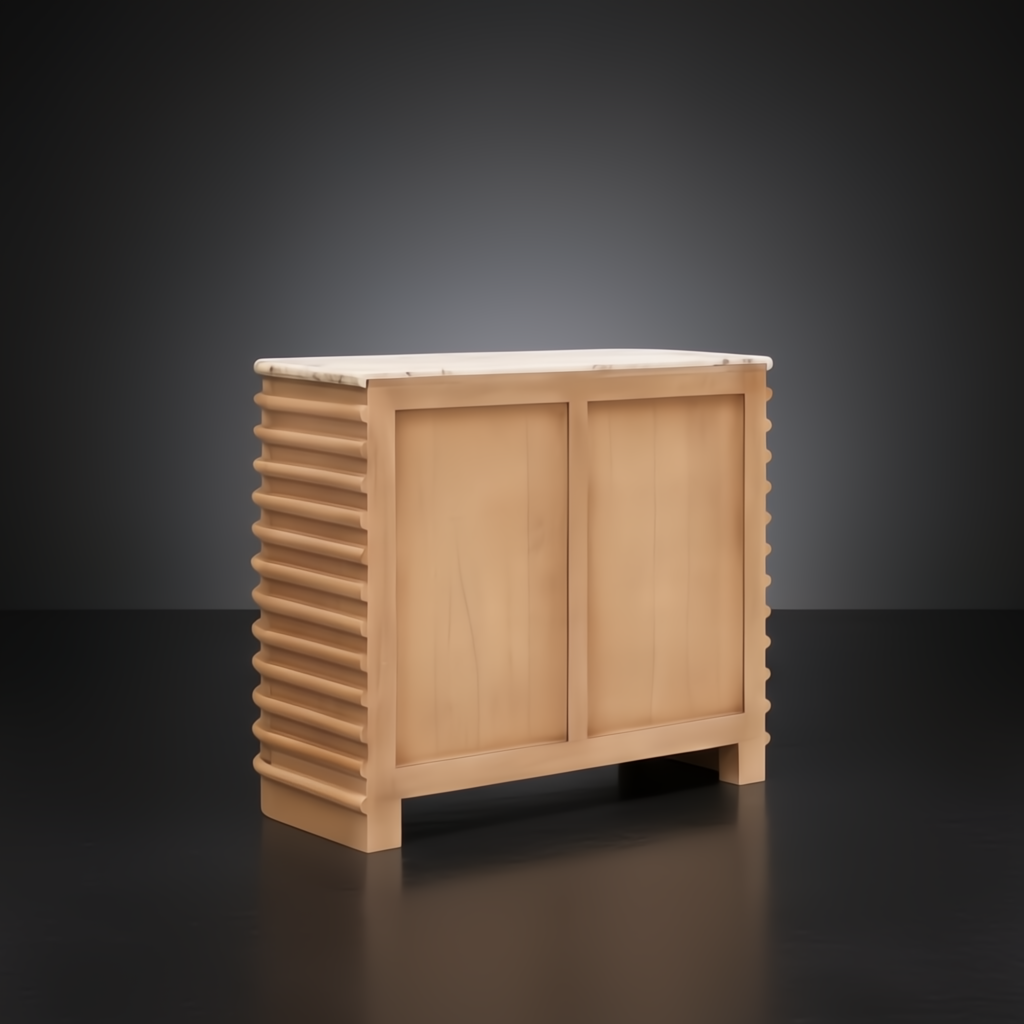 Beige Surya Redondo cabinet with a polished marble top and lacquered mango wood base, featuring minimalist modern design.