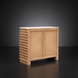 Beige Surya Redondo cabinet with a polished marble top and lacquered mango wood base, featuring minimalist modern design.