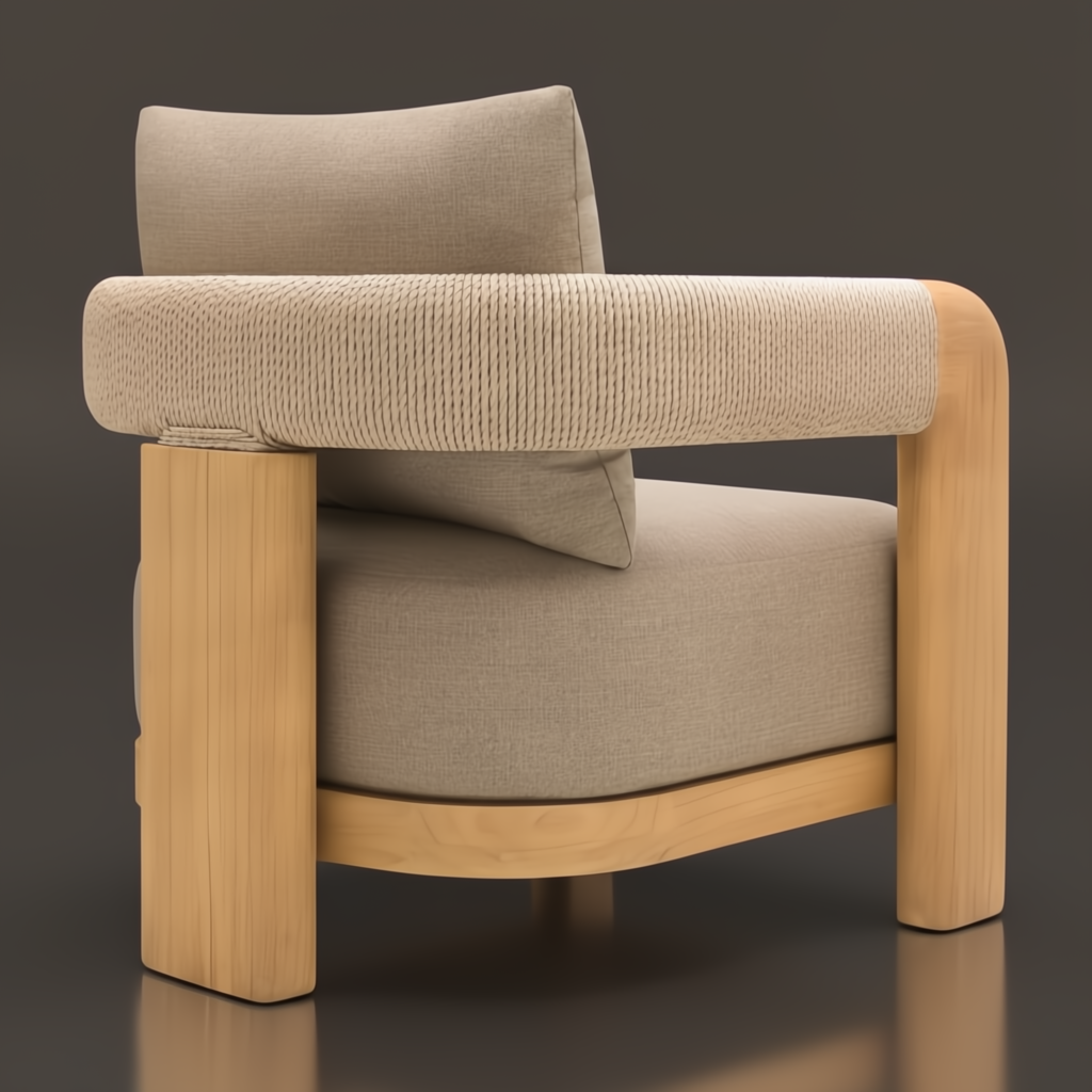 Surya Palma accent chair with beige Sunbrella cushions, teak wood base, and PE rope-wrapped arms.