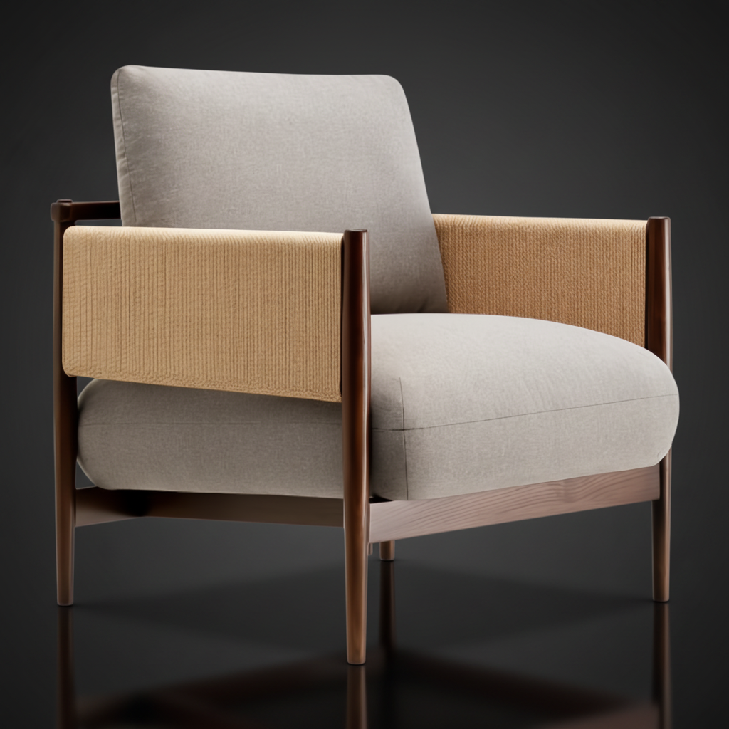 Surya Brielle accent chair with camel polyester upholstery, stained ash wood frame, and woven armrests.
