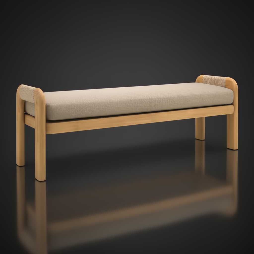 Surya Palma outdoor bench with light teak wood frame, woven arm accents, and beige Sunbrella cushion.