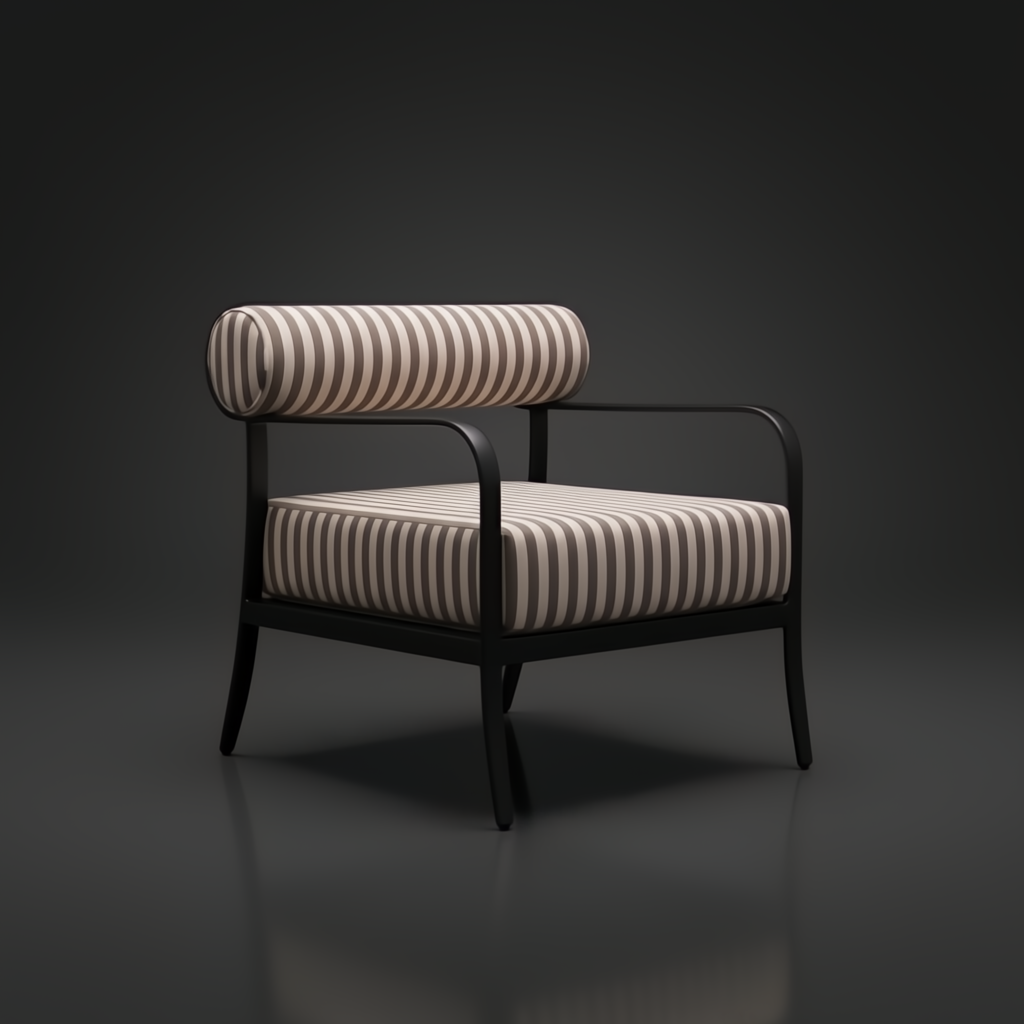 Surya Antibes accent chair with black aluminum frame and striped Sunbrella cushion.