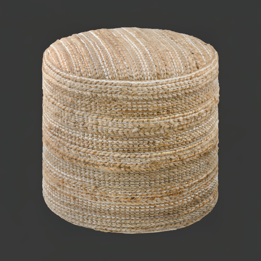 Camel Surya Denpasar Pouf, 18-inch cube, with woven jute and cotton top and raw edge detail.