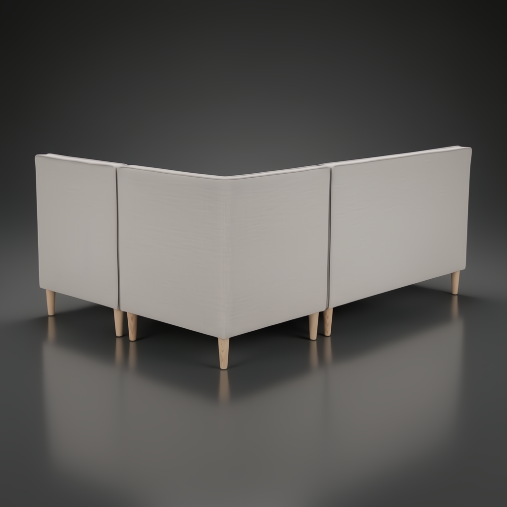 Light gray upholstered L-shaped banquette chair with natural ash wood legs and side cut-out detail.