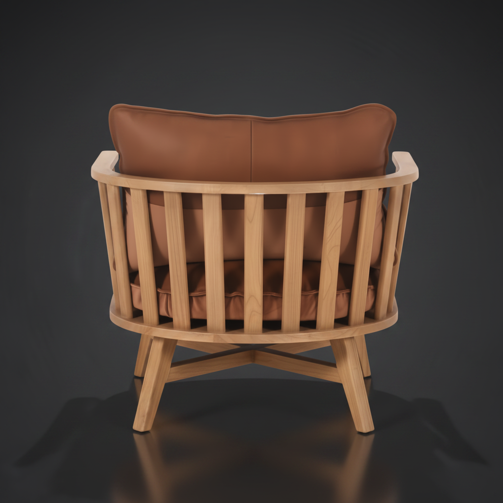 Surya Arco accent chair with brown leather cushions and a natural beechwood slatted back and base.