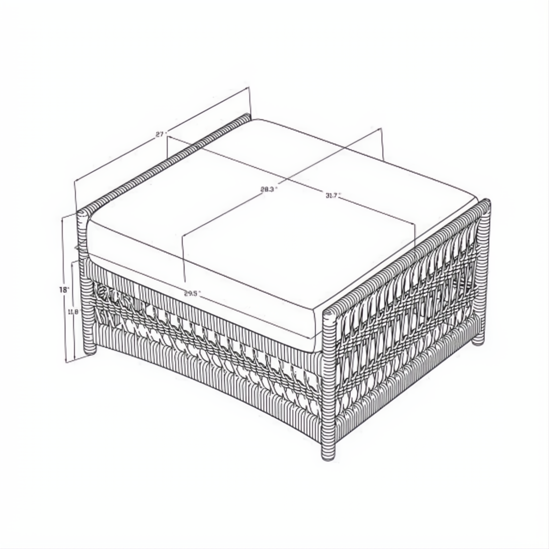 Cream Surya Winder outdoor ottoman with Sunbrella acrylic cushion and aluminum wicker-style base, showing dimensions.