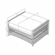 Cream Surya Winder outdoor ottoman with Sunbrella acrylic cushion and aluminum wicker-style base, showing dimensions.