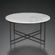 Round Surya Anastasia coffee table with white natural marble top and black matte iron base.