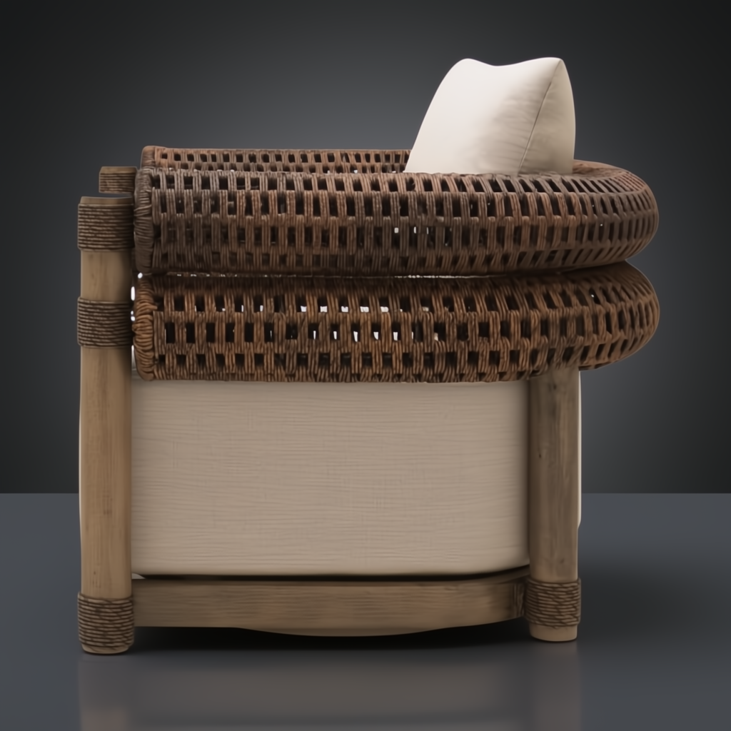 Surya Porta Swivel Chair with brown handwoven PE wicker, beige Sunbrella cushion, and wood-look base.