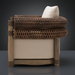 Surya Porta Swivel Chair with brown handwoven PE wicker, beige Sunbrella cushion, and wood-look base.