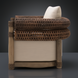 Surya Porta Swivel Chair with brown handwoven PE wicker, beige Sunbrella cushion, and wood-look base.