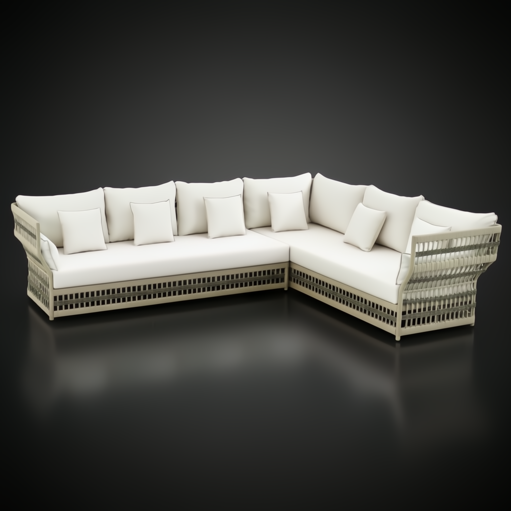 Cream Winder Sectional with Sunbrella upholstery, quick-dry foam, aluminum base, and handwoven PE rope detail.