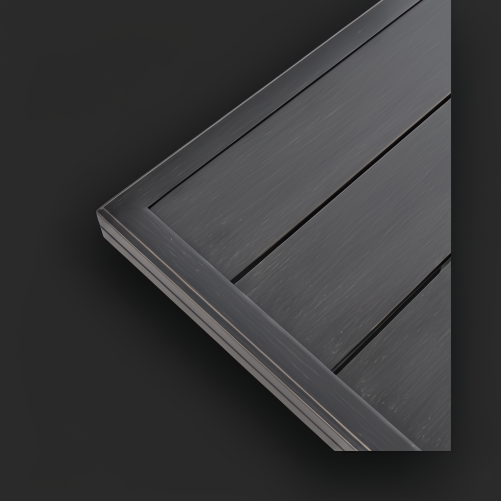 Close-up of the black hand-painted aluminum top of the Surya Fairborn Fire Table, showing its slatted design.