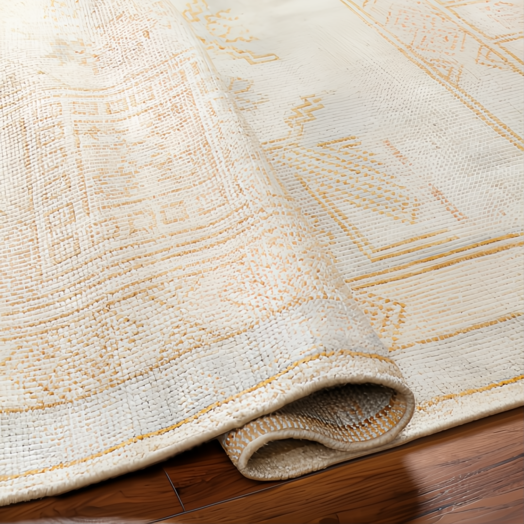 Hand-knotted Surya Anadolu AAU-2307 wool and viscose area rug with traditional gold and cream pattern.