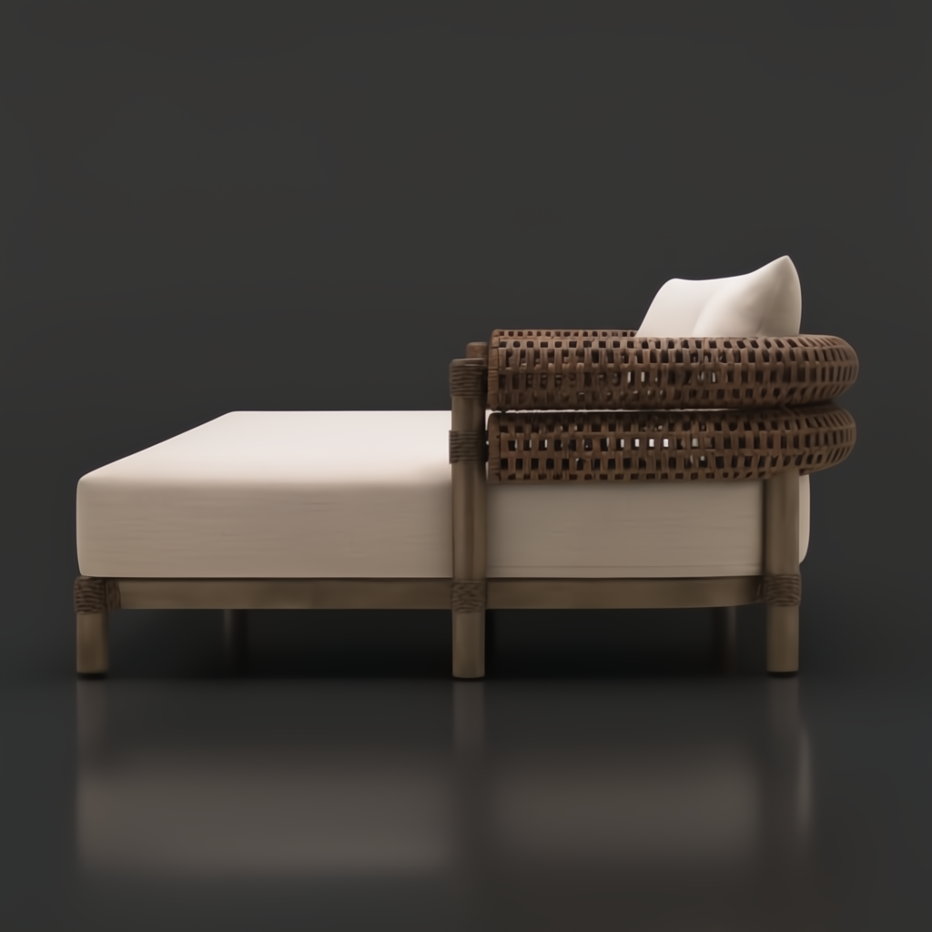 Surya Porta outdoor daybed with beige Sunbrella cushion, brown handwoven PE wicker, and aluminum base.