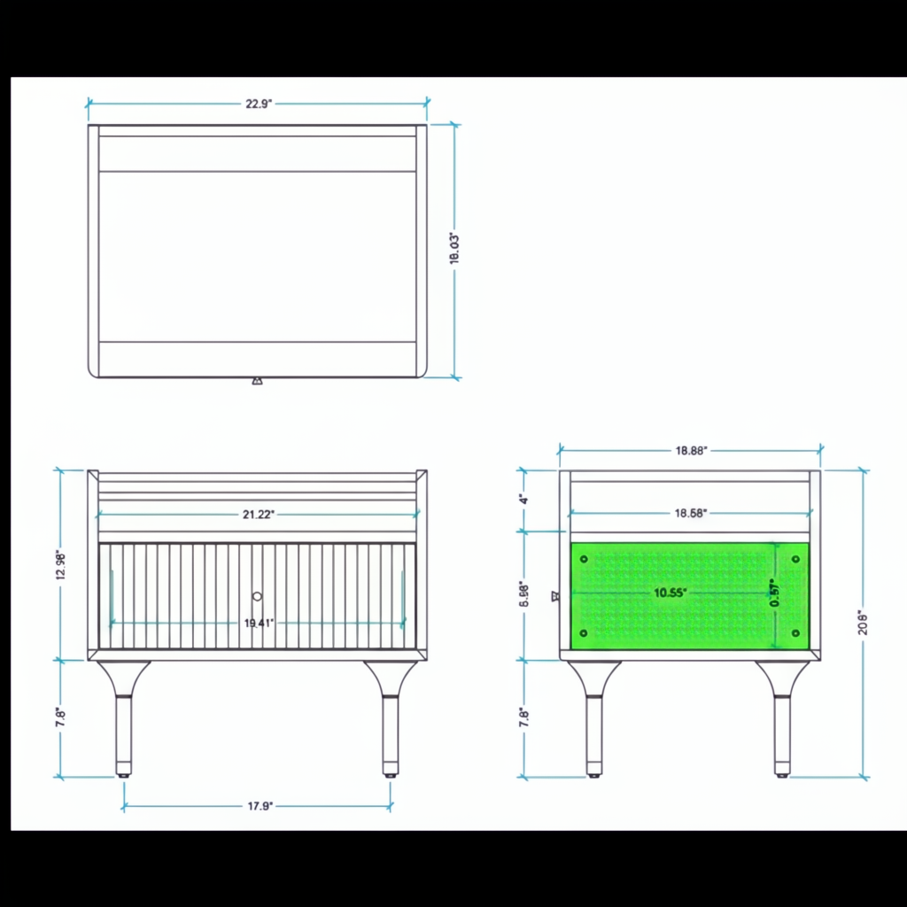 Technical drawing of the Surya Madri nightstand with dimensions, showing top, front, and internal views.