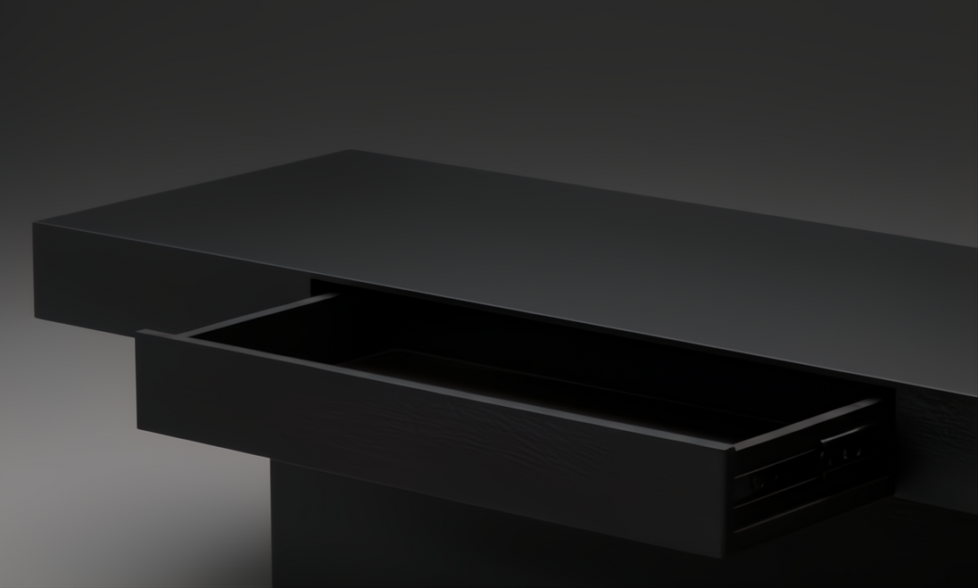 Black brushed mango wood Surya Coburn console table with a soft-close drawer partially open, showing its minimalist modern design.