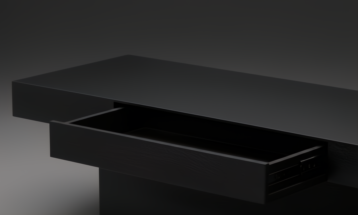 Black brushed mango wood Surya Coburn console table with a soft-close drawer partially open, showing its minimalist modern design.