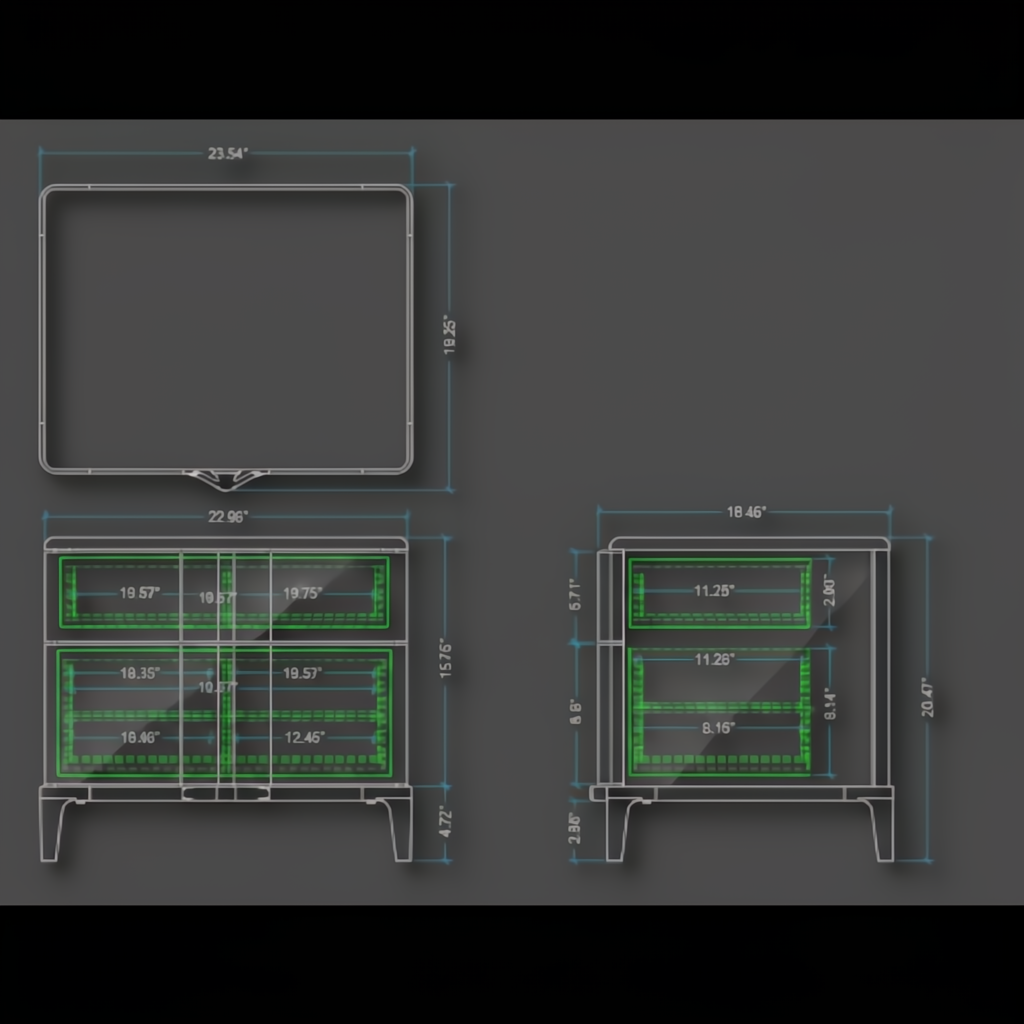 Technical drawing of the Grande Nightstand, showing front, top, and side views with detailed dimensions.