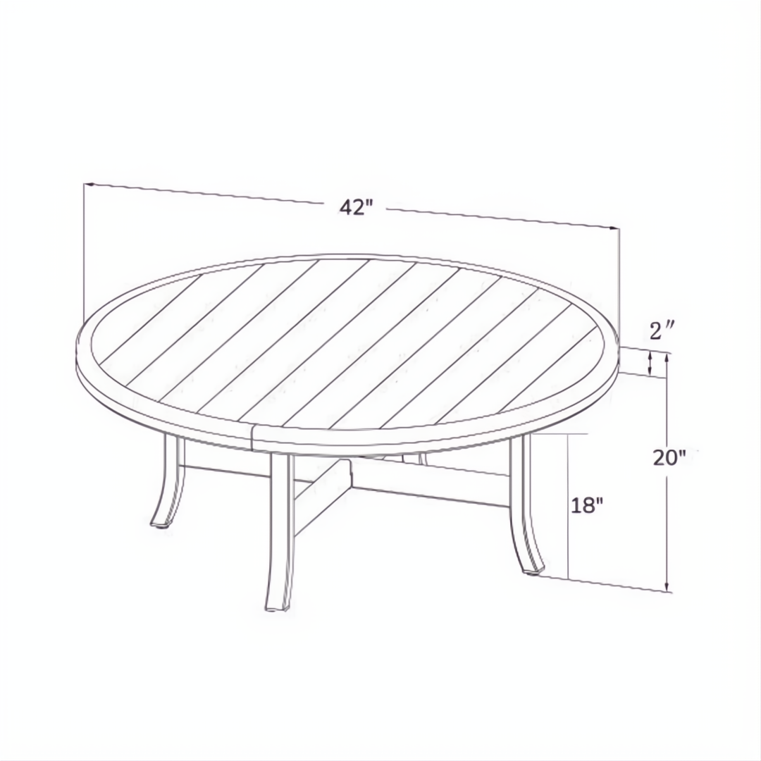 Black hand-painted aluminum round outdoor coffee table, 42" wide, with slatted top and curved legs.