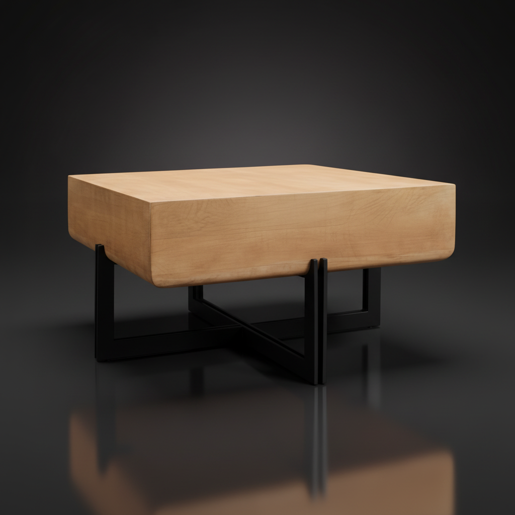 Surya Lowmax coffee table with brown mango wood top and black cast iron X-base.
