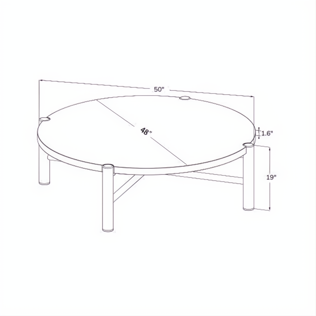 Outline drawing of a round coffee table with dimensions: 50"W x 50"D x 19"H.