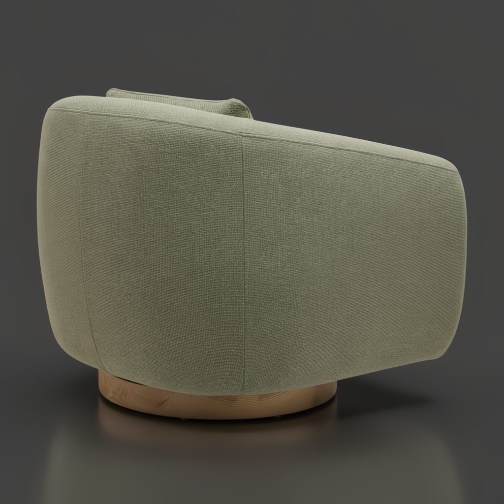 Surya Loma swivel chair, grass green upholstered with a brown stained ash wood base.