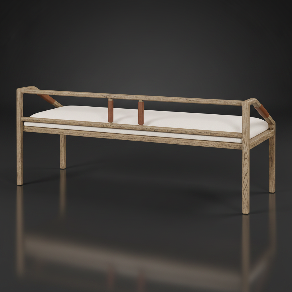 Surya Atra Bench with light beige upholstered cushion, brown red oak frame, and leather cord details.