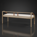 Surya Atra Bench with light beige upholstered cushion, brown red oak frame, and leather cord details.