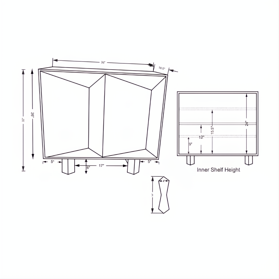 Line drawing of the Surya Scalene Cabinet, showing front, side, and inner shelf dimensions.