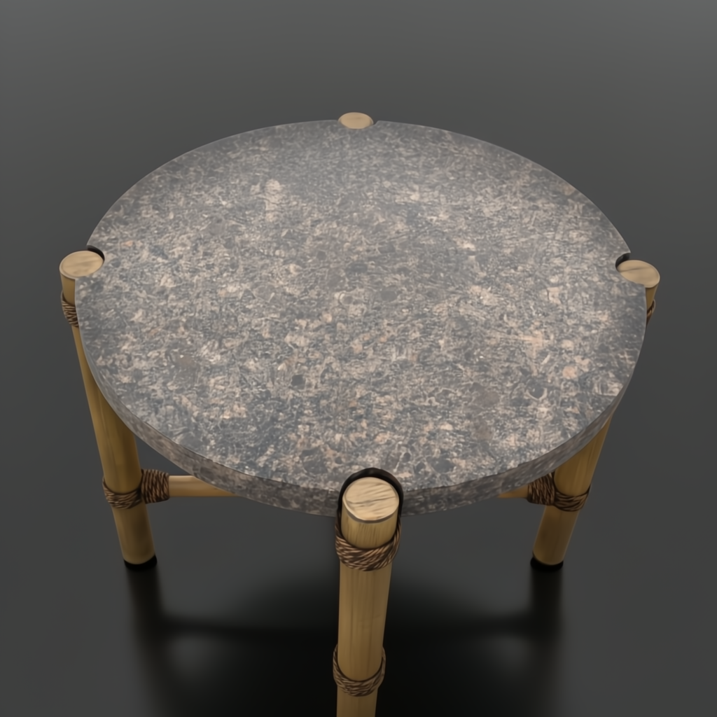 Round Surya Porta End Table with dark brown matte stone top, brown aluminum base, and PE rope detail.