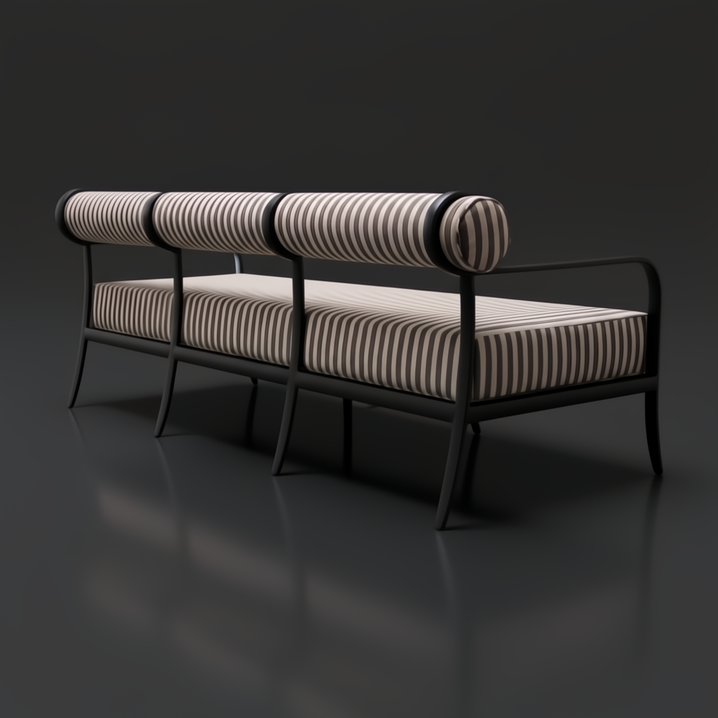 Surya Antibes outdoor sofa with brown and beige striped Sunbrella acrylic cushions and a black aluminum base.