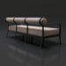 Surya Antibes outdoor sofa with brown and beige striped Sunbrella acrylic cushions and a black aluminum base.