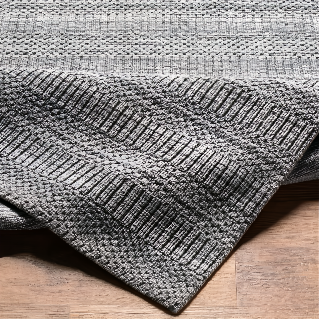 Surya Hickory HCK2303 hand-loomed rug in gray, charcoal, and cream recycled PET yarn with subtle texture.