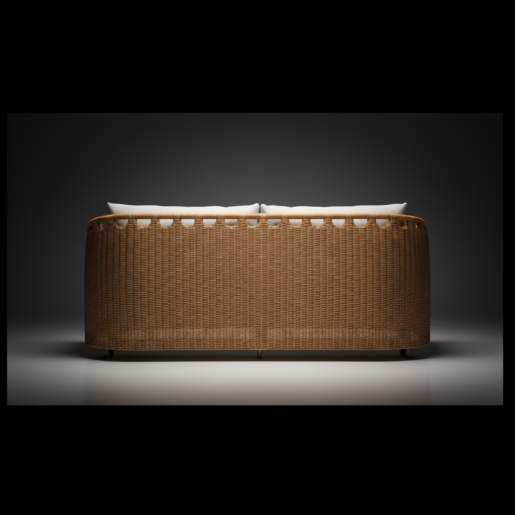 Back view of a Marvella outdoor sofa with light brown woven Sunbrella acrylic and aluminum frame.