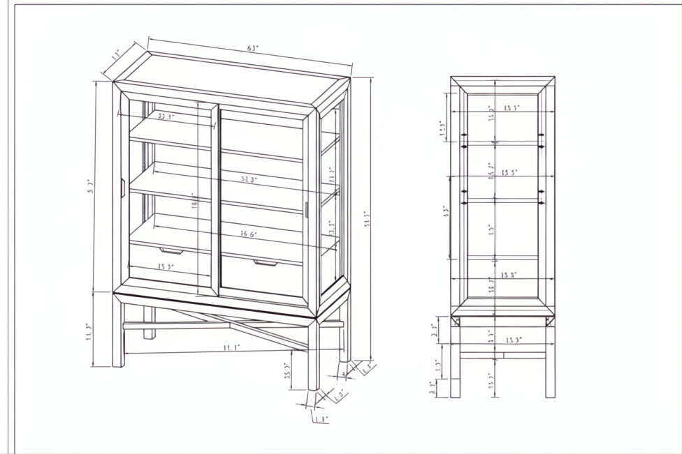 Technical drawing of the Surya Marin Bookcase, showing front and side dimensions for the 55-inch black and brown unit.