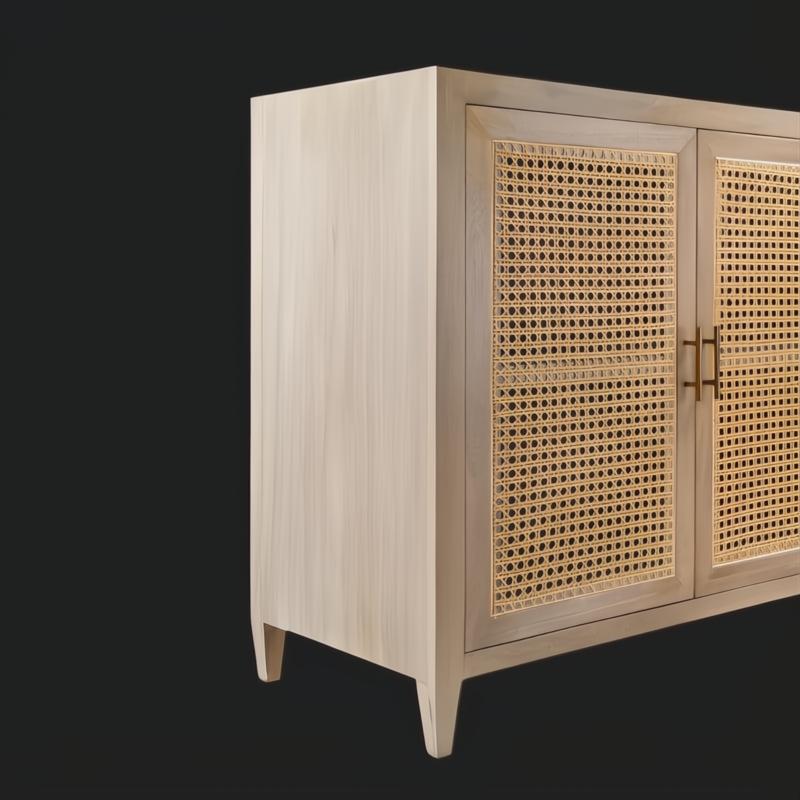 Modern mango wood sideboard with rattan doors and brass handles, featuring a brown and tan finish.