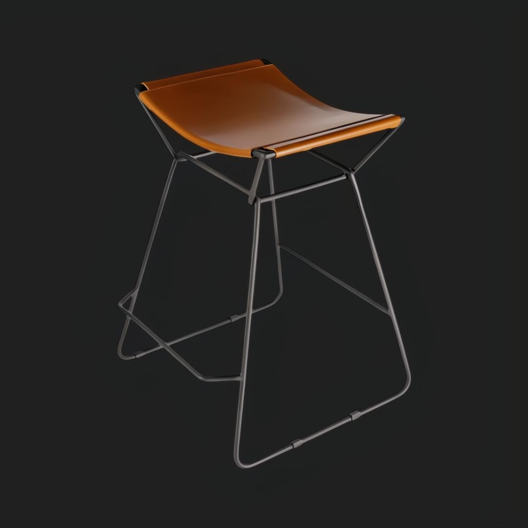Modern Surya Celerio counter stool with brown lacquered leather seat and gray powder-coated iron base.
