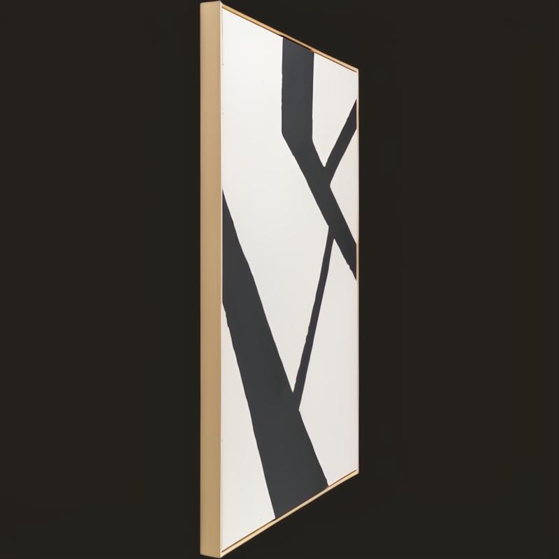 Surya Aasmaa AAM-003 abstract wall art with black hand-painted design on white canvas in a matte brown frame.
