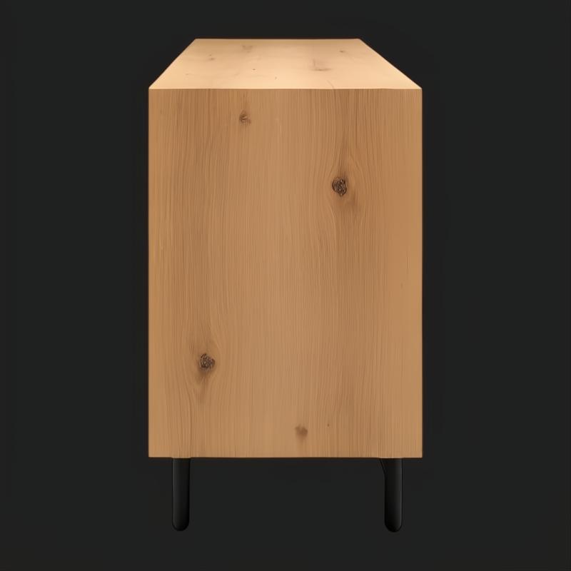 Modern Surya Molander sideboard with natural oak veneer top and black steel legs.