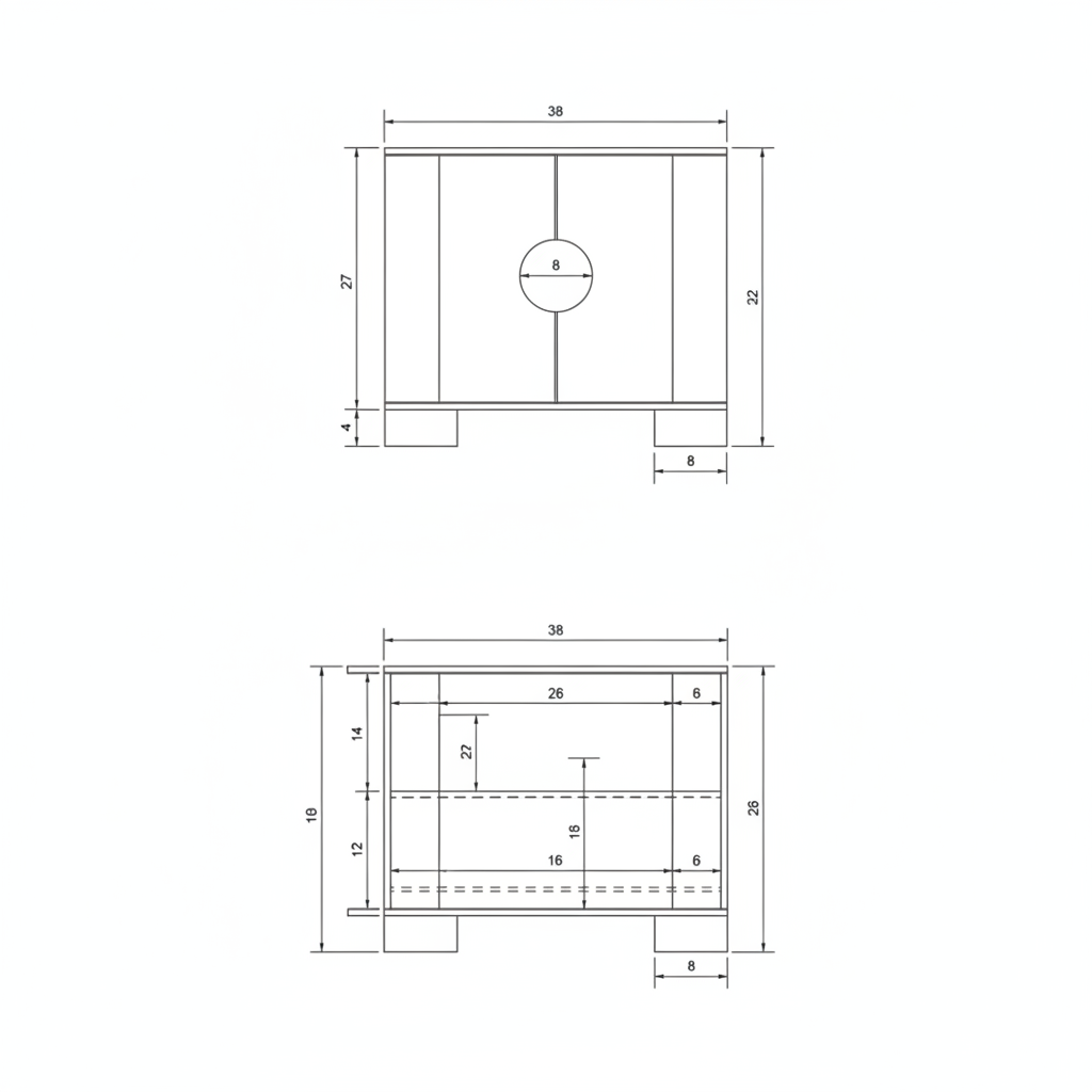 Technical drawing of Surya Poros Cabinet, showing front and interior dimensions.
