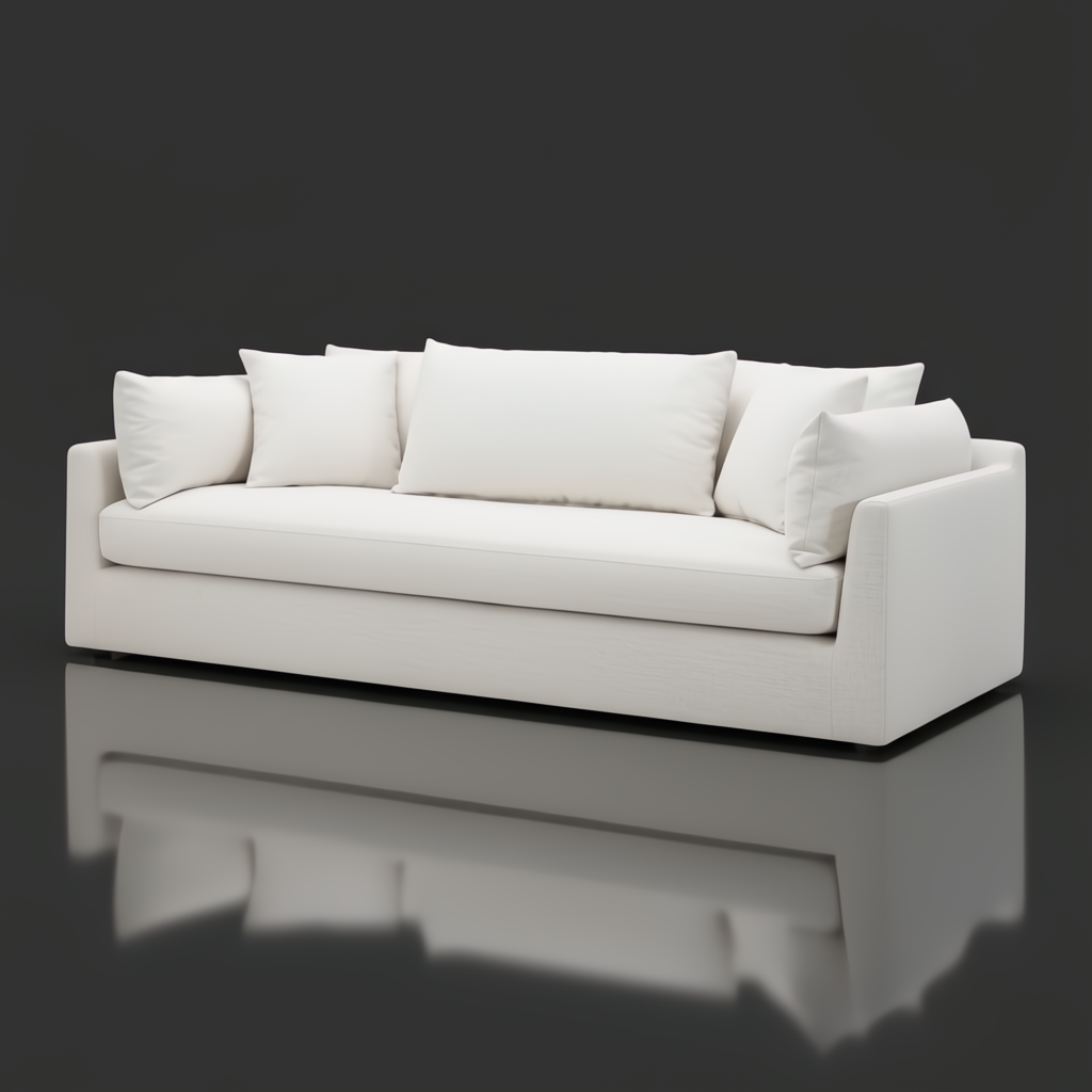 Surya Capitola off-white polyester-linen sofa with five pillows, modern design, and wide profile.