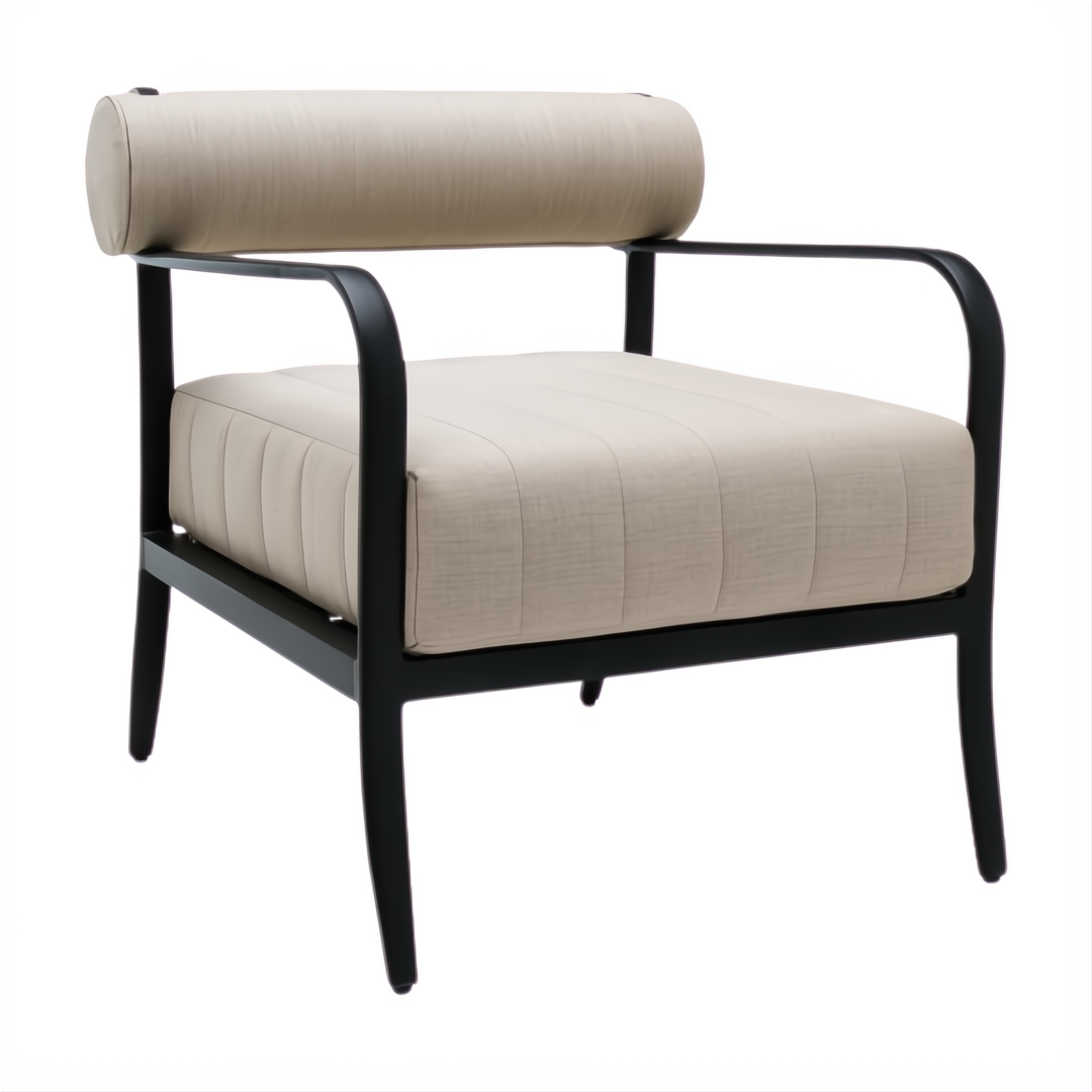 Surya Antibes outdoor accent chair with beige Sunbrella fabric, quick-dry foam, and black aluminum frame.